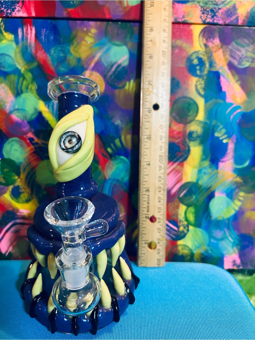 Hand-Blown Glass Art Water piece Glow in dark eye with teeth